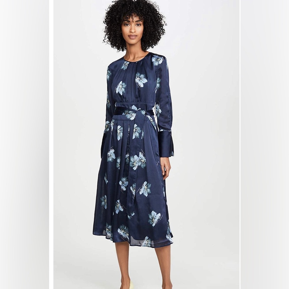 Club Monaco Women's Floral Belted Midi Dress Navy